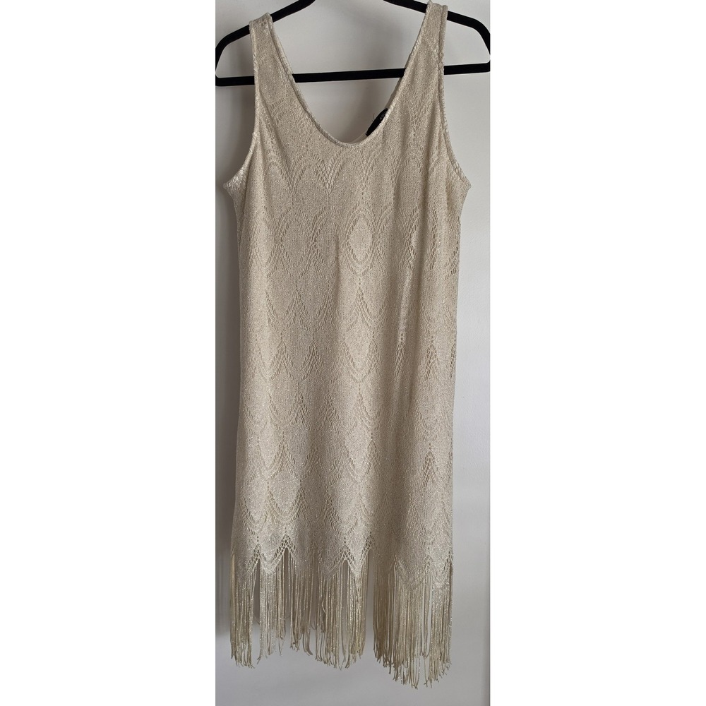 AQUA Gold Lace Mini Dress Size L Party Cocktail Roaring 20s Flapper Fringe Hem
